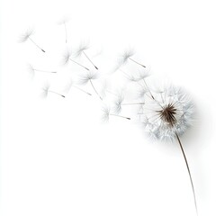 Close-up of a dandelion head releasing seeds on a stark white background, angled right