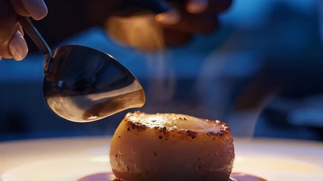 Culinary Craftsmanship: A chef delicately drizzles sauce onto a perfectly seared scallop, showcasing the art of fine dining.
