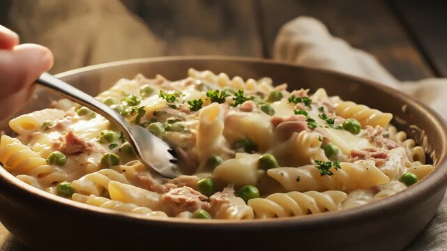 Close up of pasta dish with peas and cheese