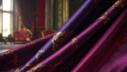 Fototapeta premium Rich Silk Damask Fabric with Ornate Gold Patterns in Deep Jewel Tones