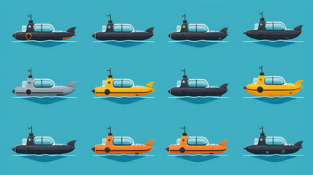 Submersible Icon Set. Flat icon set of Submersibles: mini submarine, research submersible, pilot cockpit,