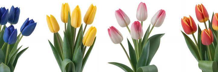 Fototapeta premium Colorful tulips on white background flowers green