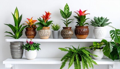Houseplants on white shelves with ceramic pots evoking freshness, interior style, and natural harmony