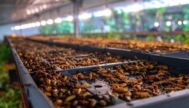 Large Scale Insect Farm with Densely Packed Larvae in Modular Trays Illuminated