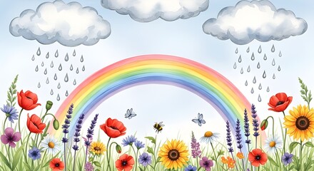 Fototapeta premium Watercolor spring meadow with vibrant rainbow, wildflowers, flying insects, and gentle rain from fluffy clouds