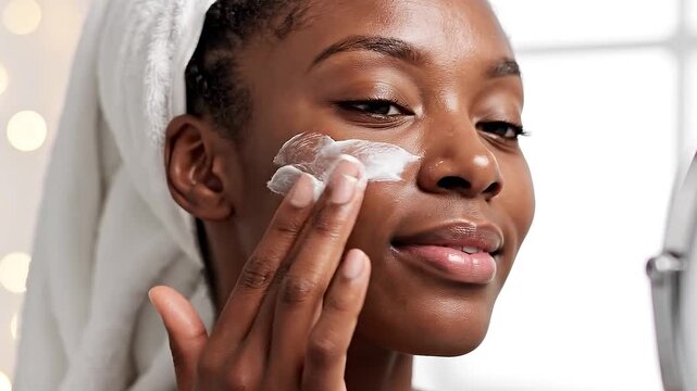 Close-up of a finger dabbing white cosmetic cream onto a clean cheekbone.