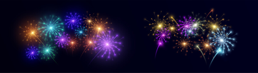Fototapeta premium Colourful, glowing fireworks burst into sparkling trails and festive light effects against a dark background. A bright, festive composition for banners and party designs.