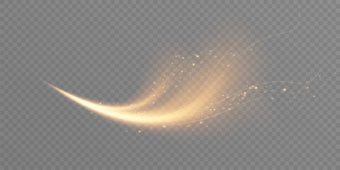 A glowing golden light with sparkling particles and flowing luminous lines on a transparent background. An elegant, magical trail effect for festive overlays.  © MAKSYM