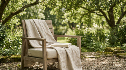 Obraz premium Early summer lifestyle garden relaxation chair with blanket representing slow living summer retreat against lush backyard greenery