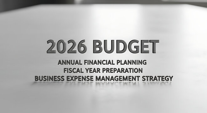 Calendar year 2026 budget text on minimalist neutral background for annual financial planning fiscal preparation and strategic corporate business accounting investment analysis report