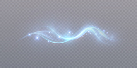A wavy, bright stream of blue light rays with lots of glittering light dust. A magical light effect. Vector. © MAKSYM