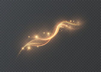 Fototapeta premium A golden magical comet with lots of sparkling dust and shimmering light effects. A magical golden wind for web design and stunning typography. Vector.