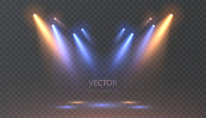 Naklejka premium Blue and orange stage spotlights with flickering beams. Abstract vector lighting effect for concerts, shows, and stage design.