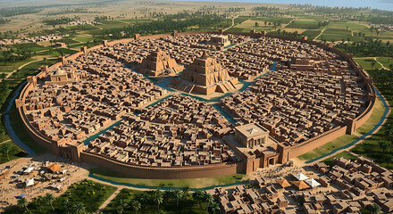 Majestic aerial view reconstruction of an ancient civilization metropolis showcasing intricate historical city planning architecture urban archeology and cultural legacy