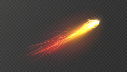 A fiery, glowing comet trail with a bright orange core and red streaks. Abstract vector space effect on a dark background. © MAKSYM