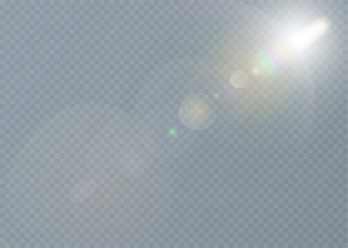 A bright lens flare with a soft beam of sunlight and prismatic glow. Abstract optical light effect for overlays, banners, and vector designs.