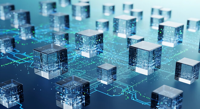 Abstract digital network of glowing cubes representing data flow and connectivity in a modern technological landscape