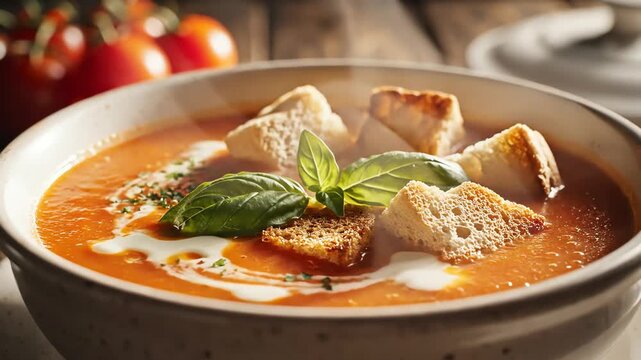 Fresh tomato soup with croutons and herbs in a ceramic bowl