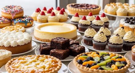 Fototapeta premium A delightful assortment of freshly baked cakes, pies, brownies, and donuts showcasing a variety of sweet treats perfect for any occasion