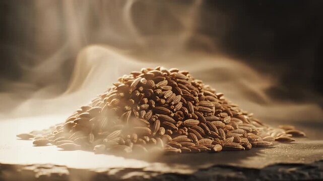 Pile of grains with rising smoke for culinary and food concepts