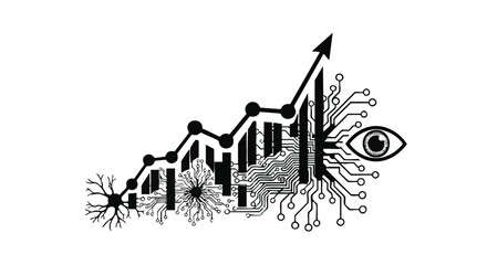 Naklejka premium Vector business graph illustration with eye and neuron, black and white
