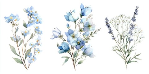 Watercolor illustration of three floral arrangements blue flowers, lavender, and white blooms © alif