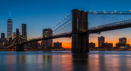 Fototapeta premium Scenic view of bridge and city skyline at dusk, reflecting on water, showcasing urban connection and architectural landmark, perfect for travel concept