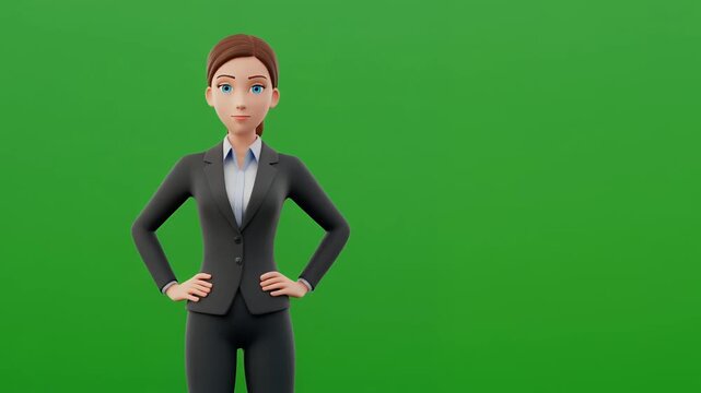 3D businesswoman avatar gestures on green screen background.