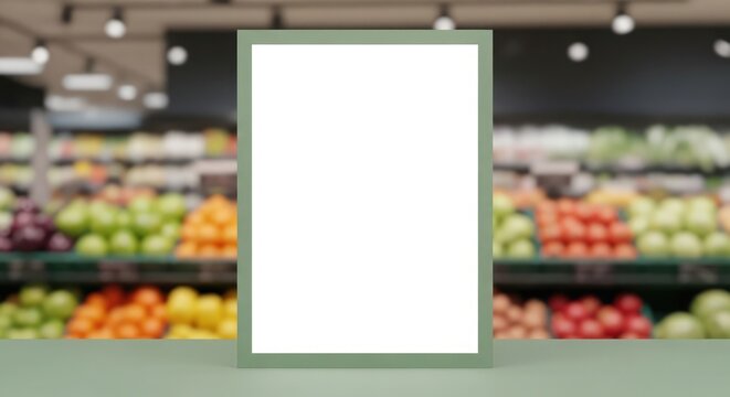 A blank white sign stands prominently on a green counter in a well-lit grocery store aisle filled with various colorful fruits.