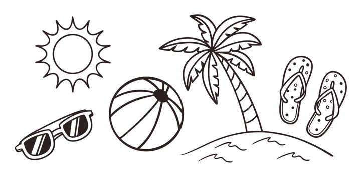 A sunny beach scene with a sun, palm tree, beach ball, and sunglasses