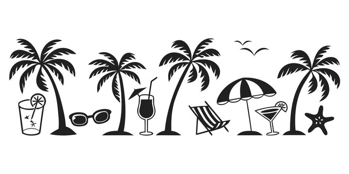 Tropical beach scene with palm trees, beach chairs, umbrella, and cocktails