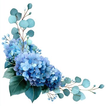Watercolor illustration of a corner floral arrangement with blue hydrangeas and eucalyptus
