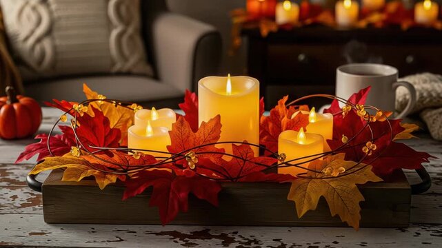Cozy autumnal centerpiece with candles and leaves on wooden tray indoors