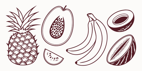 A delightful assortment of tropical fruits including pineapple, passion fruit, and bananas © Icon Set