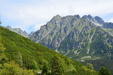 Fototapeta premium Beautiful summer landscape of the High Tatras with green mountains and clear blue sky. Scenic natural background perfect for travel, tourism, and outdoor adventure concepts.
