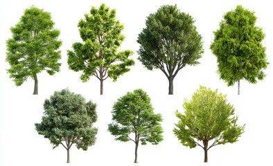 Fototapeta premium Isolated trees of varying shapes and shades of green against a stark white backdrop