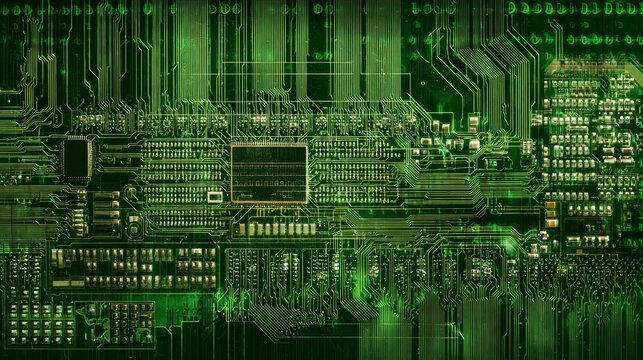 Printed circuit board with processor, microchips, and binary code, showing high-tech electronic design, abstract digital technology background, organized layers for IT and electronics