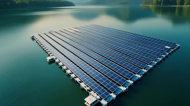 Aerial drone view of floating solar panels on tranquil mountain lake.