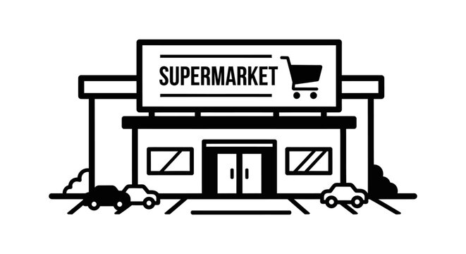 Black and white supermarket store front.