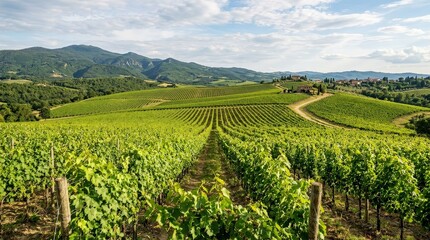 Fototapeta premium Scenic Vineyard Landscape under Blue Sky with Rolling Hills and Lush Green Grapevines