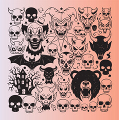 Fototapeta premium Halloweenthemed collection of spooky faces and icons in monochrome style