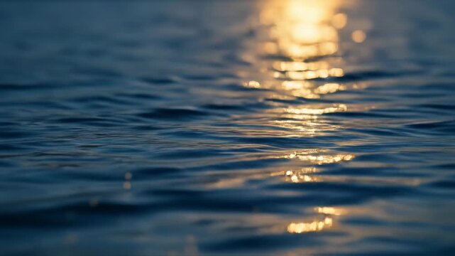 Calm water surface with golden sun reflections, gentle ripples, serene blue.