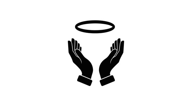 Black silhouette of praying hands with halo.