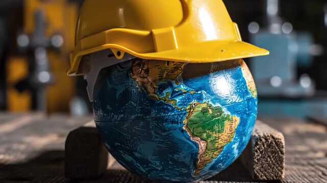 Globe wearing a yellow hard hat on a wooden surface