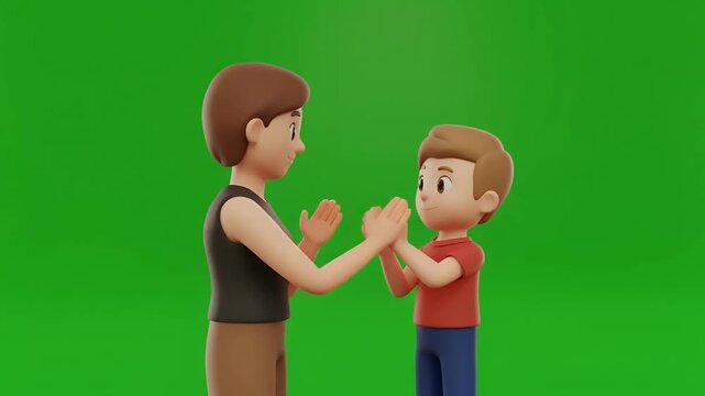 Animated adult and child play hand clapping game on green screen.