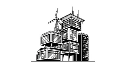 Modern building with wind turbine tower. © MUHRODIN