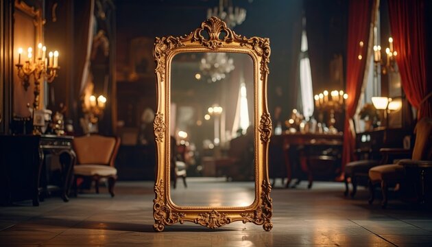 An Antique Gilded Rococo Mirror with Ornate Frame Reflecting a Dimly Lit Vintage Room Interior