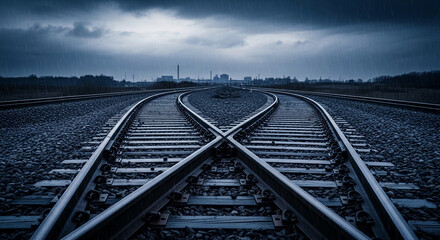 Fototapeta premium Two crossing railroad tracks under heavy rain, with an industrial landscape in the distance, representing journey, choice, and uncertain future