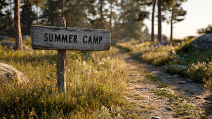 Summer camp sign marks the path to outdoor adventure in a forest setting during golden hour