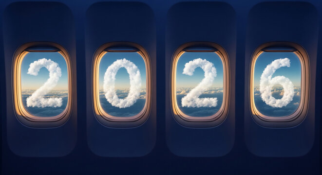 Four plane window view with cloud shaped numeral forming 2026, representing travel, future, or celebration of year, and holiday concepts